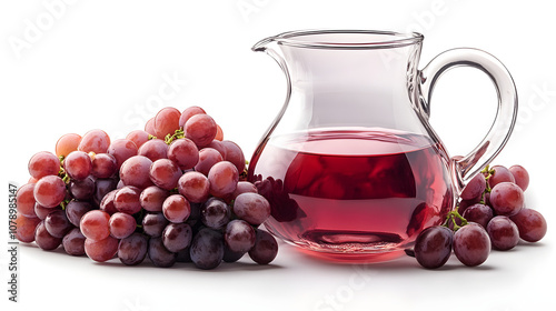 A glass of red wine and a jug with grapes, isolated on a white background, showcasing elegance, indulgence, and the classic pairing of wine and fruit for a refined and luxurious experience 