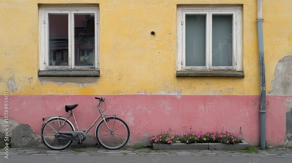 Bicycle Against Colorful Wall with Flowers Bicycle Against Colorful Wall with Flowers