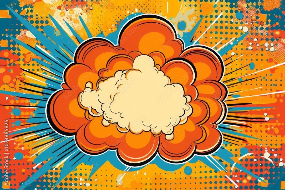 Large comic-style explosion with orange and yellow clouds, radial lines, and halftone dots in a pop art style. Generative AI Large comic-style explosion with orange and yellow clouds, radial lines, and halftone dots in a pop art style. Generative AI
