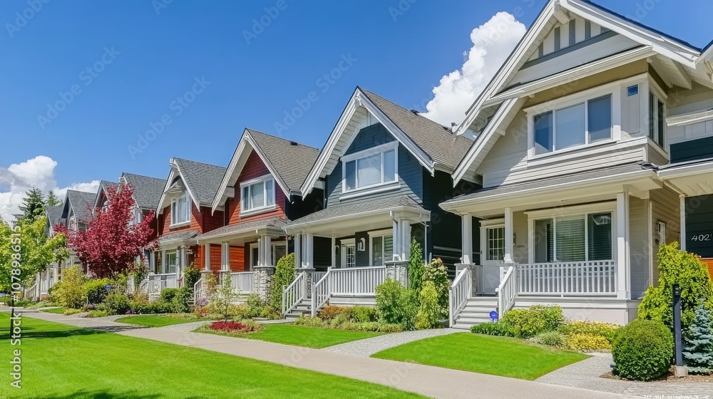 Colorful suburban homes under a clear blue sky