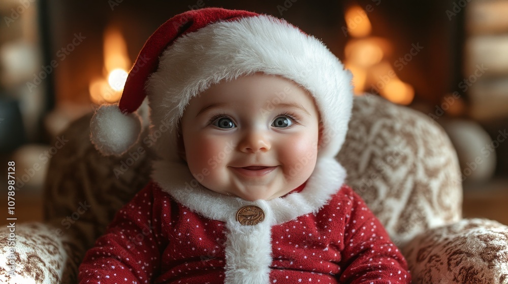 Adorable baby in a cozy Santa onesie smiling by a warm fireplace during the holiday season Adorable baby in a cozy Santa onesie smiling by a warm fireplace during the holiday season