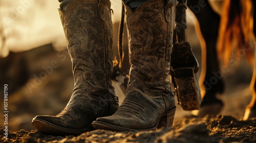 Dusty Cowboy Boots Resting On Rough Ground photo