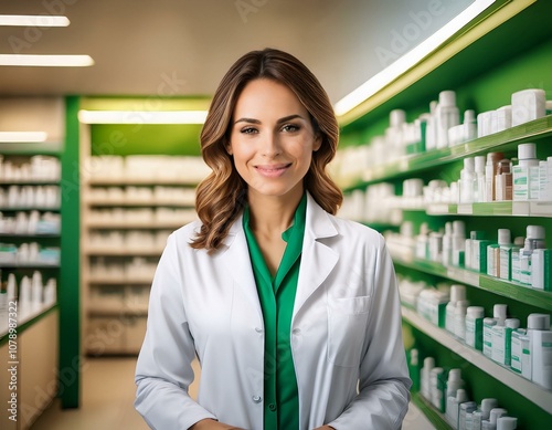 vendeuse en pharmacie ou parapharmacie en blouse blanche et verte en ia photo