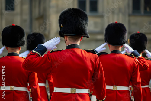 Swiss soldiers giving salute during ceremony military, glory and honor, dignified military uniform photo