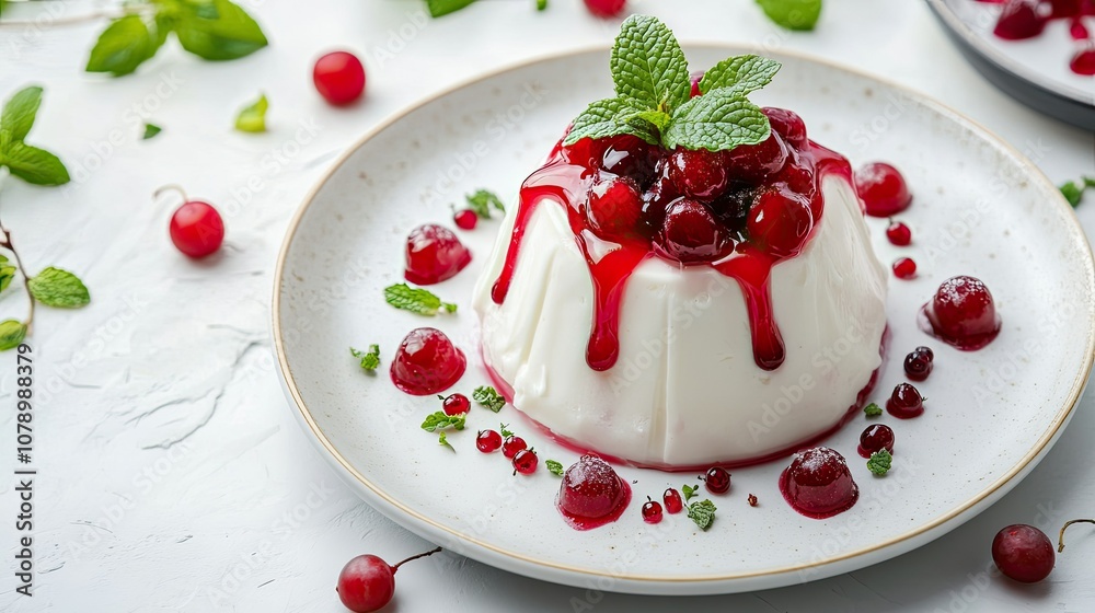 Creamy Dessert with Red Berries and Mint Garnish Creamy Dessert with Red Berries and Mint Garnish