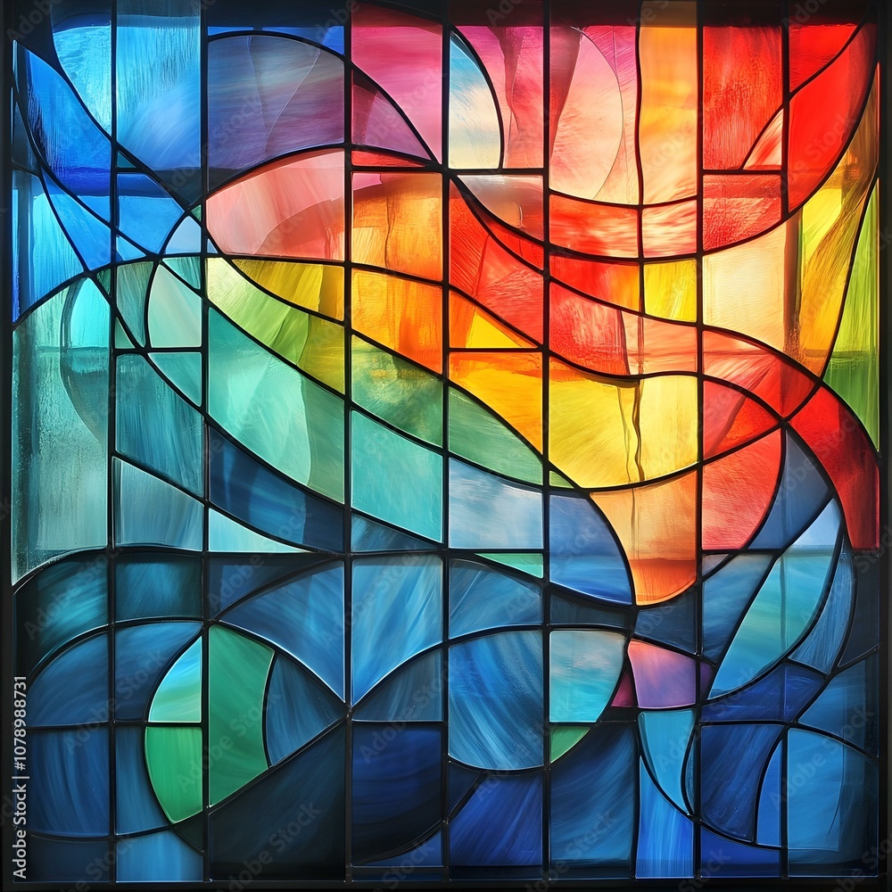 Fototapeta premium Vibrant stained glass window design, intricate patterns, colorful light filtering through, artistic expression, enhancing architectural beauty.