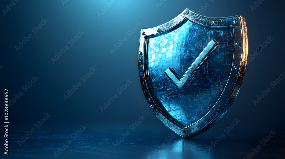 3D illustration of a security shield with a checkmark on a blue background, symbolizing online protection, cybersecurity, and data safety, emphasizing trust and reliability
3D illustration of a security shield with a checkmark on a blue background, symbolizing online protection, cybersecurity, and data safety, emphasizing trust and reliability