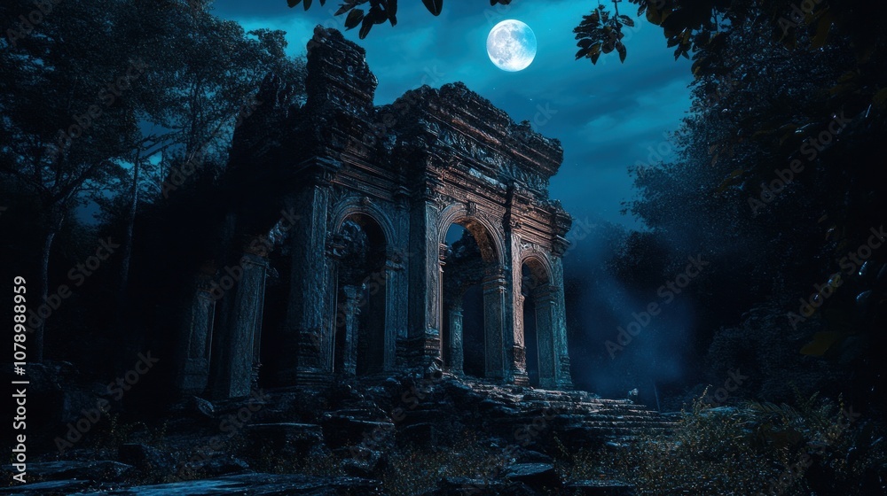 An ancient stone archway stands tall against a backdrop of a full moon in a mystical forest.