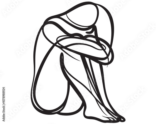Abstract sad woman wrapped her arms around her knees. Sketch