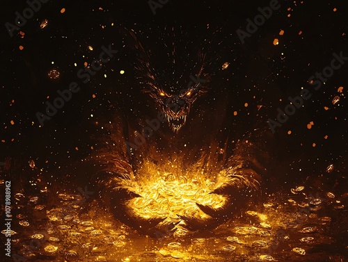 Mystical creature guards fiery treasure in a dark, ethereal scene full of glowing embers.