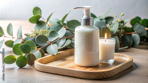 Minimalist display of a lotion bottle and candle with eucalyptus leaves on a wooden tray, capturing simple and serene beauty in self-care rituals