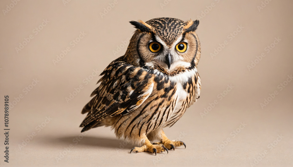Obraz premium A brown and black owl with large yellow eyes sits against a pale background