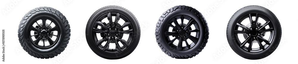 Obraz premium Black automobile tires collection isolated on transparent background, PNG. Clipart template 