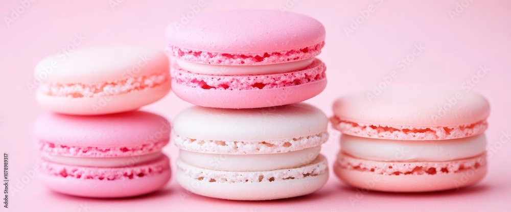 Close-up of Stacked Pink and White Macarons on Pink Background Close-up of Stacked Pink and White Macarons on Pink Background