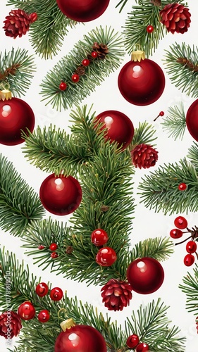 Seamless Christmas pattern with red berries, green fir twigs, and cones on a white background. Vector illustration for winter holidays and seasonal greetings.