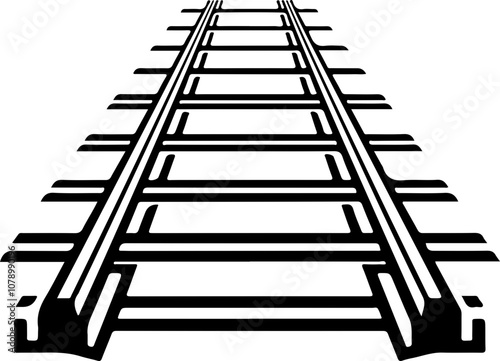 Vector illustration of a monochrome train track, showcasing parallel rails and wooden ties, ideal for transportation designs.