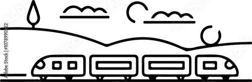 Minimalist Vector Train Illustration: Simple lines depict trains and nature, ideal for travel themes or transportation graphics.