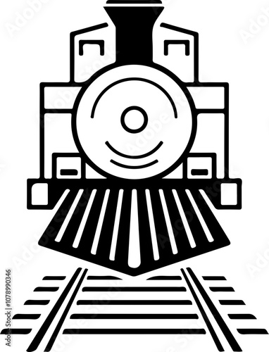 Minimalist vector illustration of a classic steam locomotive in black and white, ideal for transport-themed designs.