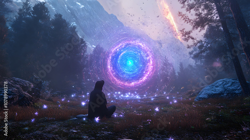 Virtual vision quest, digital spirit bears, tesseract medicine circle, nano-particle fog, quantum aurora lighting photo