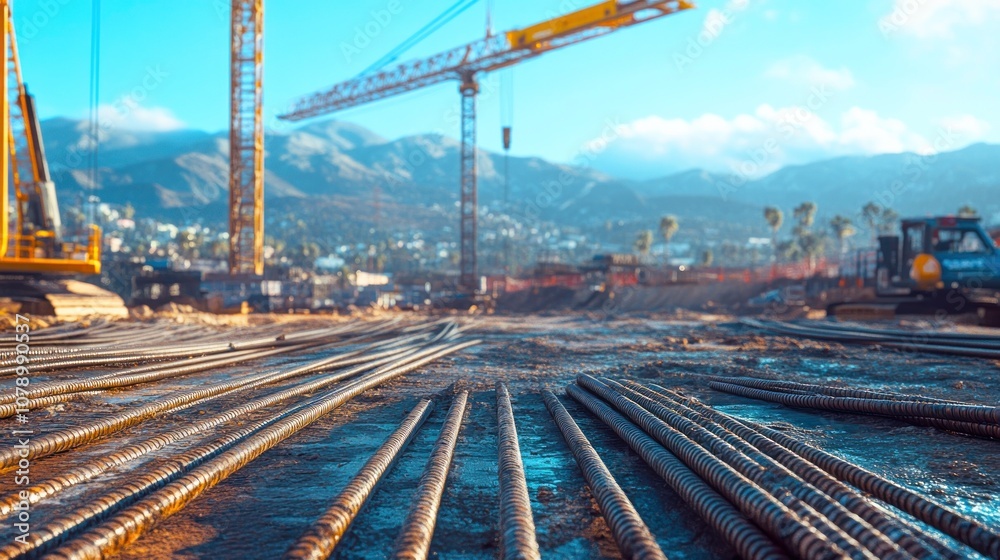 Fototapeta premium Construction site with rebar and machinery.