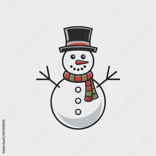 Vector illustration of a cheerful snowman with a top hat and colorful scarf, ideal for winter holiday designs and festive decorations.