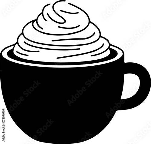 Vector illustration of a black cup filled with whipped cream, ideal for coffee branding or dessert menus.