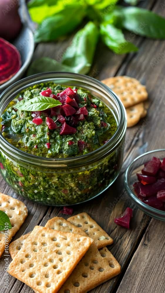 A jar of beet and basil pesto sits on a wooden table with crackers, ready to be enjoyed A jar of beet and basil pesto sits on a wooden table with crackers, ready to be enjoyed