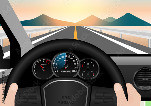 Man Driving Inside a Car with High Speed in Speedometer. Tachometer or Odometer Display. Vector Illustration.