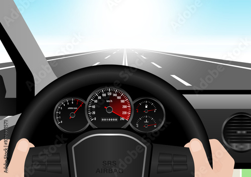 Man Driving Inside a Car with High Speed in Speedometer. Tachometer or Odometer Display. Vector Illustration.