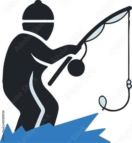 Stylized vector illustration of a fisherman casting a line against blue waves, ideal for fishing-related designs or promotions.