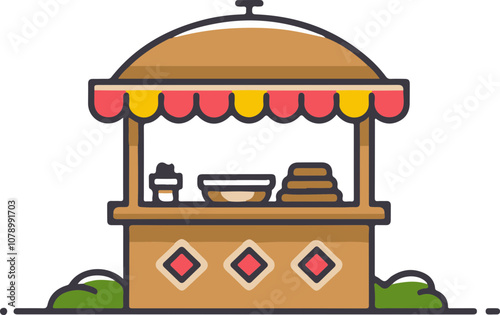 Colorful vector illustration of a food cart with various items, perfect for advertisements, menus, and food-related content.