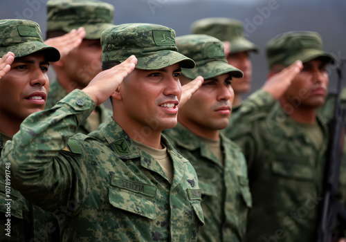 Venezuelan soldiers giving salute during ceremony military, glory and honor, dignified military uniform