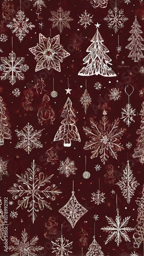 Dark red Argyle pattern with golden dots, seamless design for textiles, gift wrapping, and Christmas invites.