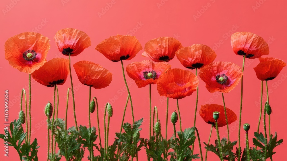 Fototapeta premium Vibrant Red Poppies Against Pink Background
