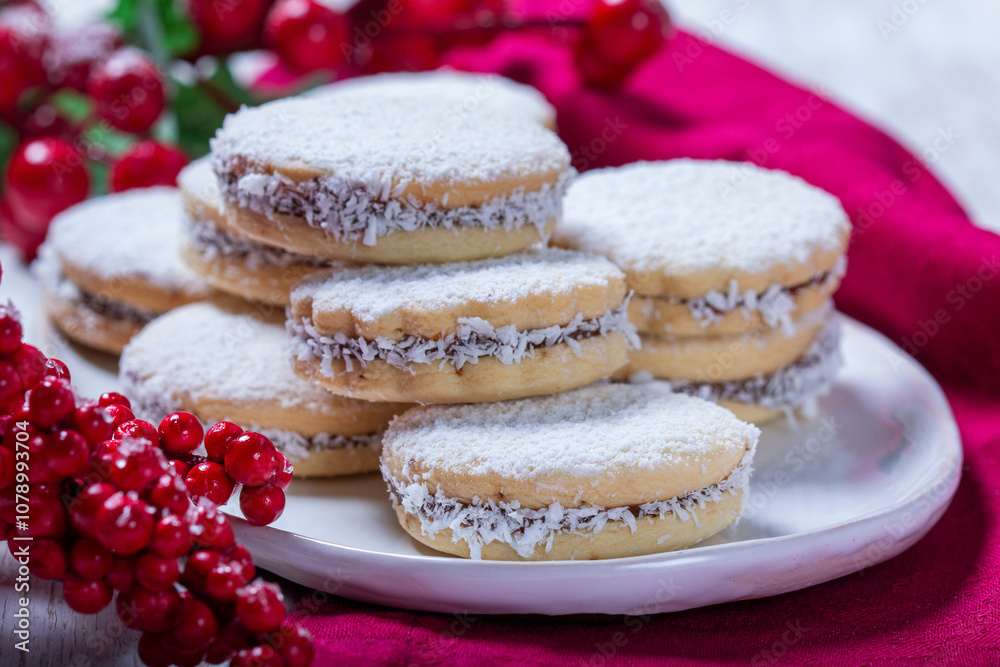 Alfajor, a traditional Latin American cookie made from shortcrust pastry filled with dolce de leche.