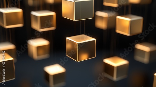 A futuristic floating grid of golden cubes in a matte black background, subtly illuminated from underneath to highlight each cubea??s intricate details. photo