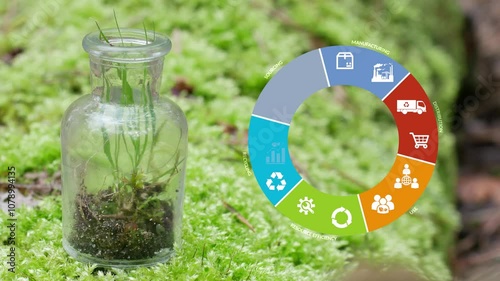 Circular economy concept. A green plants background with scheme of icons of product life cycle from raw material to production, consumption and recycling instead of waste.4k.