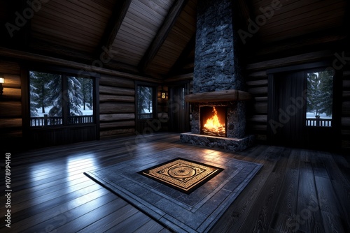 A digital 3D illustration of a rustic cabin fireplace with logs and a flickering flame, creating a cozy feel photo