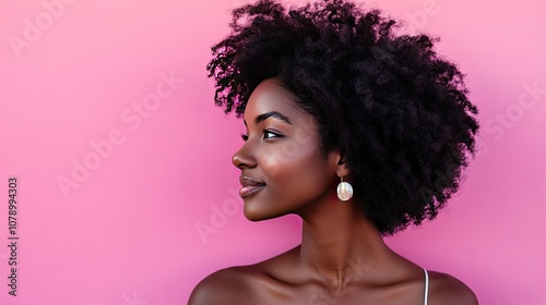 Profile of Woman with Curly Hair Against Pink Background