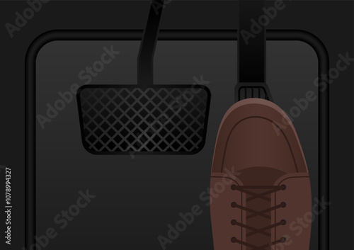 Driver Pressing Gas Pedal or Accelerator of a Car. Car Pedals. Brake, Accelerator and Clutch Pedal. Vector Illustration. 