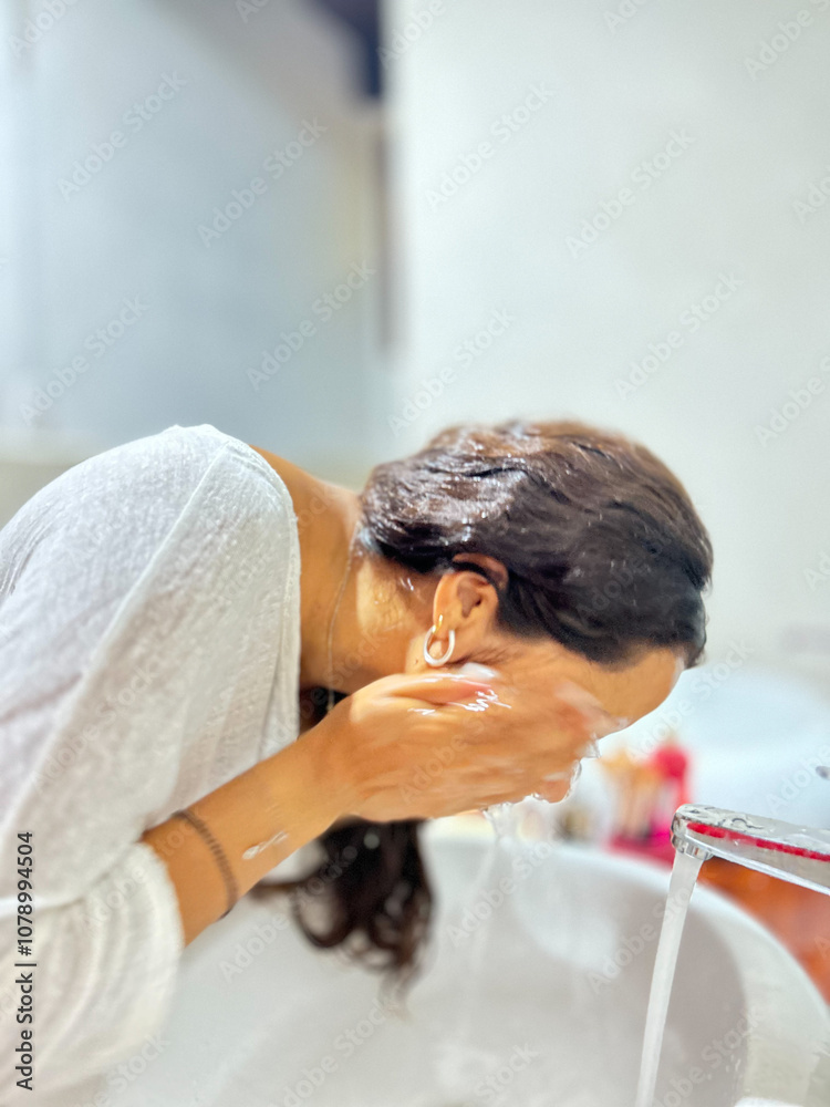 Woman Rinsing Soap Off Her Face in Bathroom Before Bed Woman Rinsing Soap Off Her Face in Bathroom Before Bed