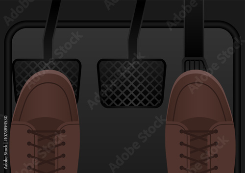 Driver Pressing Gas Pedal or Accelerator of a Car. Car Pedals. Brake, Accelerator and Clutch Pedal. Vector Illustration. 