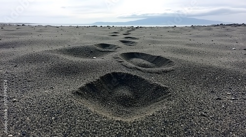 Dusty Footprints: Footprints etched in fine desert sand, leading toward a distant horizon. Each step represents survival against all odds.  photo