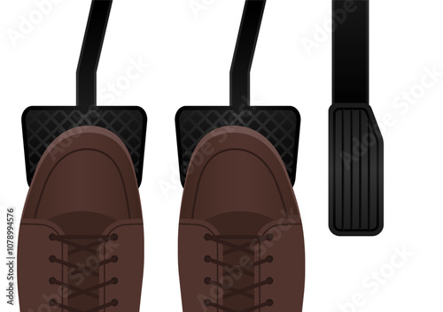 Driver Pressing on Brake and Clutch  Pedal of a Car. Car Pedals. Brake, Accelerator and Clutch Pedal. Vector Illustration. 