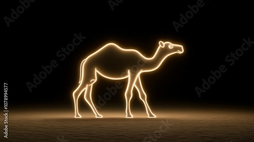 A glowing neon outline of a baby camel with glowing neon humps, playfully trotting on a dark desert backdrop, Photorealistic