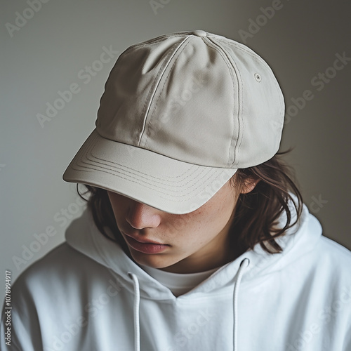 a young man wearing soft brown blank dad hat, hat mock up, front side