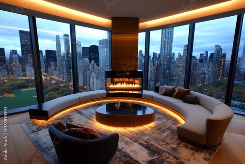 A fireplace in a modern apartment with minimalist decor and a cityscape view outside the window