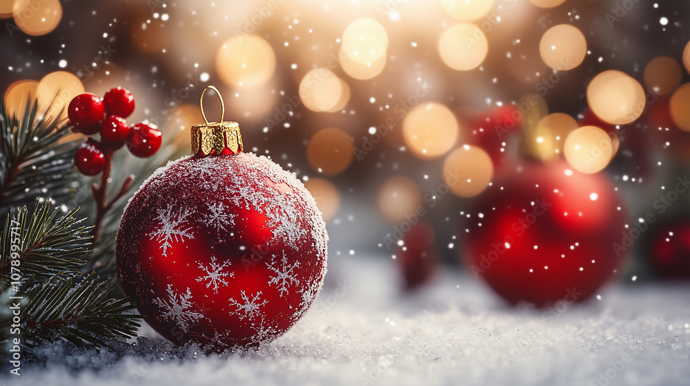 Red Christmas Ornament in Snowy Scene with Warm Festive Lights Red Christmas Ornament in Snowy Scene with Warm Festive Lights