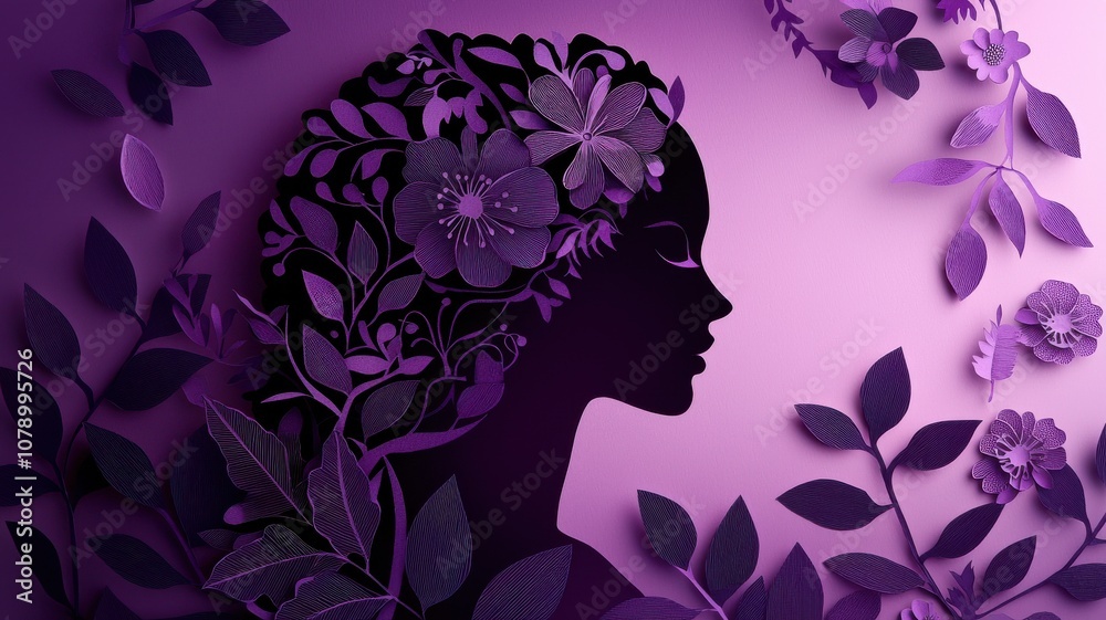 Silhouette of Woman with Floral Paper Art in Purple Silhouette of Woman with Floral Paper Art in Purple