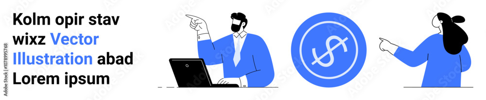 Business professional points at laptop while communicating with colleague who points back. Blue finance icon in center. Ideal for business, teamwork, communication, technology, online meetings Business professional points at laptop while communicating with colleague who points back. Blue finance icon in center. Ideal for business, teamwork, communication, technology, online meetings
